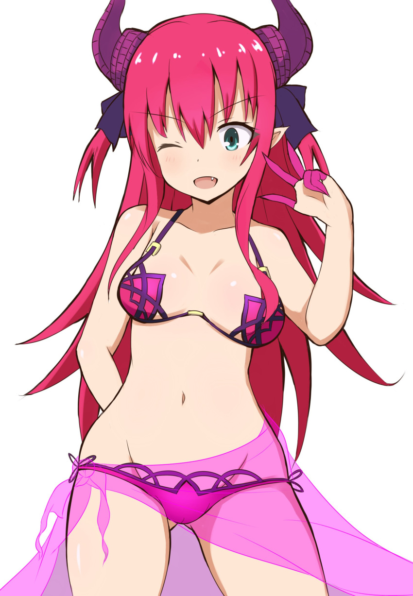 ;d absurdres ass_visible_through_thighs bare_arms bare_shoulders bikini blue_eyes blush breasts collarbone commentary cosplay curled_horns dragon_horns elizabeth_bathory_(fate) elizabeth_bathory_(fate/extra_ccc) fate/extra fate/extra_ccc fate/grand_order fate_(series) female hair_between_eyes hair_ribbon hand_up highres horns long_hair looking_at_viewer medium_breasts mitchi navel oerba_yun_fang one_eye_closed open_mouth pink_hair purple_bikini purple_ribbon purple_sarong ribbon sarong scathach_(fate) scathach_(swimsuit_assassin)_(fate) scathach_(swimsuit_assassin)_(fate)_(cosplay) see-through simple_background smile solo swimsuit two_side_up very_long_hair w white_background