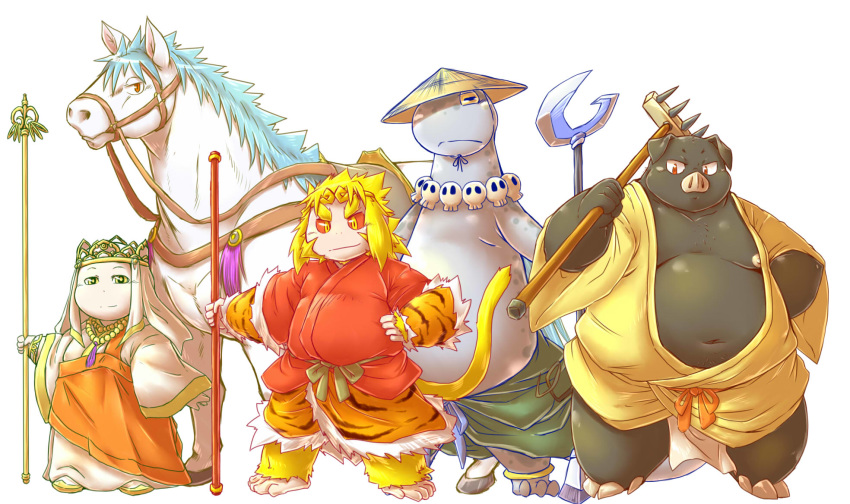 anthro chiro_(artist) clothed clothing domestic_pig dragon equid equine group haplorhine hi_res horse journey_to_the_west male mammal monk monkey mythological_creature mythological_scalie mythology overweight overweight_male primate scalie sha_wujing simple_background slightly_chubby smile smirk staff suid suina sun_wukong sus_(pig) tail tang_sanzang weapon white_background yulong_(journey_to_the_west) zhu_bajie