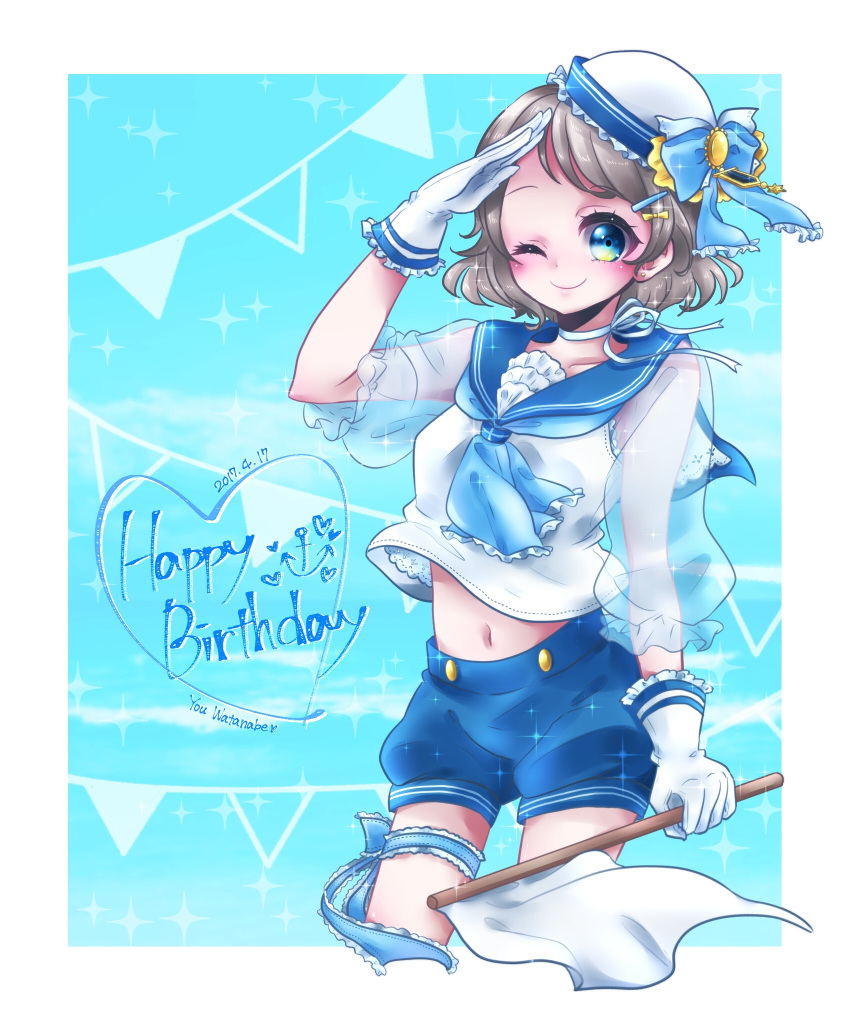 ;) bad_id bad_pixiv_id blue_neckwear blue_ribbon blue_shorts blush bow character_name dated earrings female flag frilled_gloves frilled_skirt frills gem gloves grey_hair hair_ornament hairbow hairpin happy_birthday hat hat_ribbon highres holding holding_flag jewelry leg_ribbon looking_at_viewer love_live! love_live!_sunshine!! navel neck_ribbon neckerchief one_eye_closed ribbon salute school_uniform see-through see-through_sleeves serafuku shorts skirt smile solo sparkle string_of_flags watanabe_you white_flag white_gloves wosusi yellow_bow