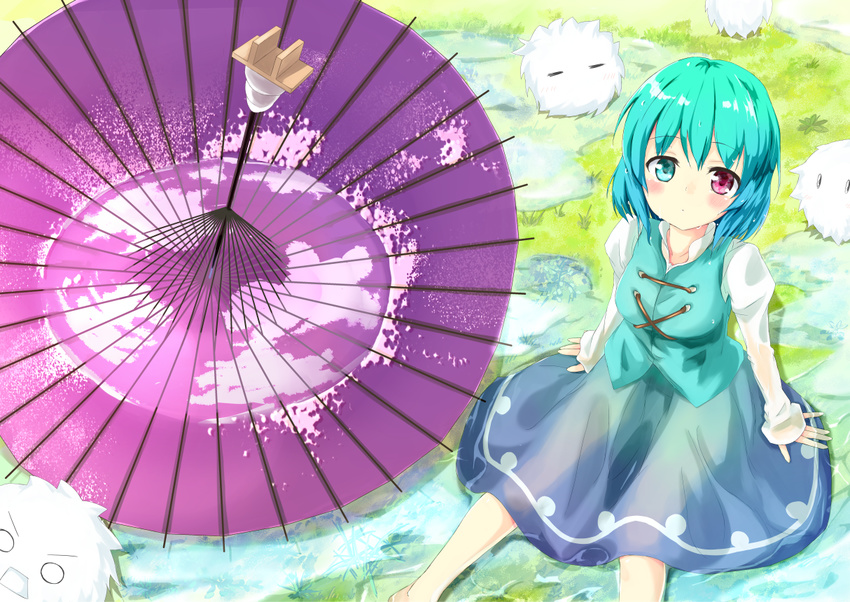 after_rain blue_eyes blue_hair blue_skirt blue_vest bluekalmia blush breasts circle_skirt closed_mouth commentary_request female from_above heterochromia juliet_sleeves karakasa_obake kedama_(touhou) long_sleeves looking_at_viewer looking_up medium_breasts oil-paper_umbrella puddle puffy_sleeves red_eyes short_hair sitting skirt tatara_kogasa touhou umbrella vest