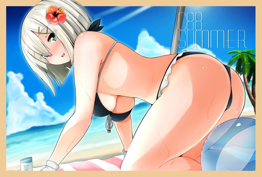 ass ball beach beachball bikini blue_eyes breasts commentary_request day female flower gloves grey_hair hair_flower hair_ornament hair_over_one_eye hairclip hamakaze_(kancolle) hibiscus highres kantai_collection large_breasts md5_mismatch outdoors resolution_mismatch short_hair solo source_smaller swimsuit underboob yuna_(spn28u79)