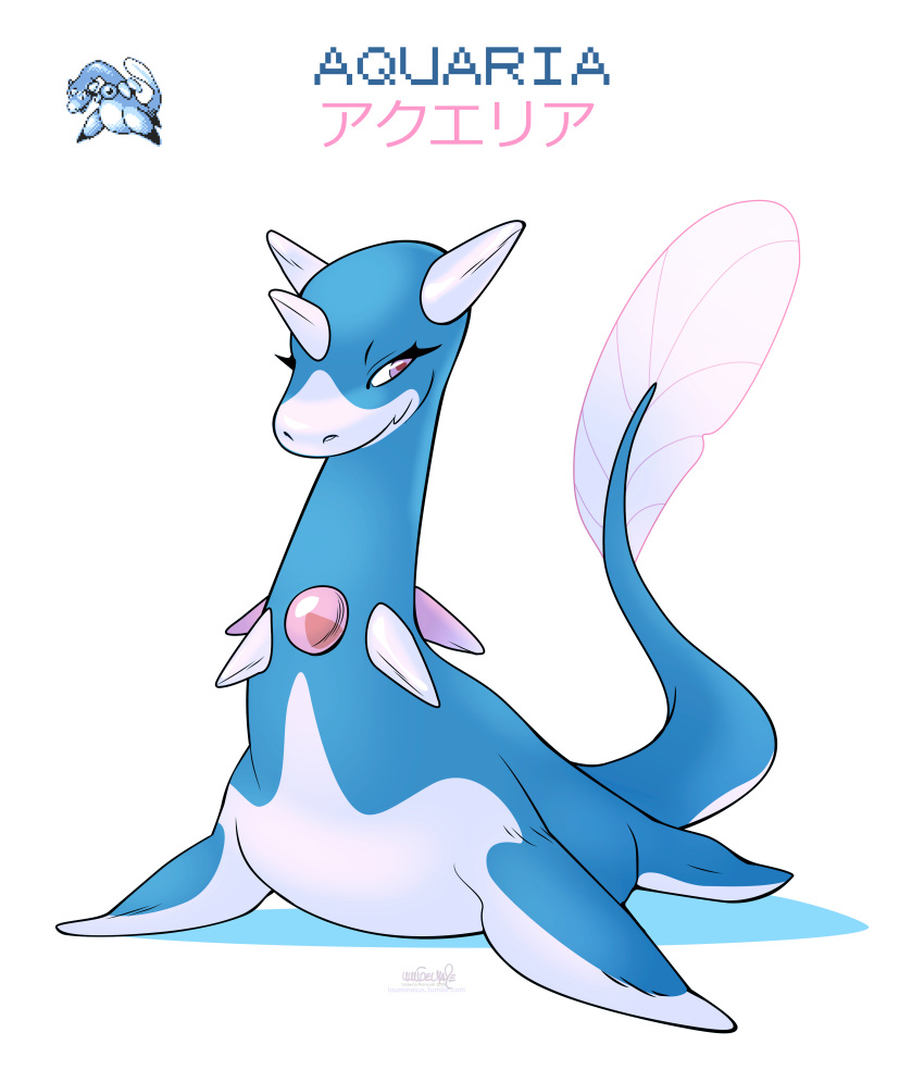 absurdres aquaria character_name closed_mouth commentary english_commentary eyelashes highres horns louminosus no_humans pink_eyes pokemon pokemon_(creature) pokemon_gsc pokemon_gsc_(prototype) prototype_design simple_background smile solo white_background