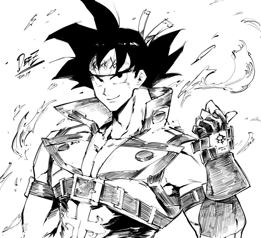 1boy arc_system_works arm_strap commentary company_connection cosplay dragon_ball dragon_ball_fighterz dragon_ball_z english_commentary fingerless_gloves forehead_protector gloves greyscale guilty_gear guilty_gear_xrd headband highres kenshin187 male_focus monochrome muscular popped_collar simple_background sol_badguy sol_badguy_(cosplay) solo son_goku spiked_hair