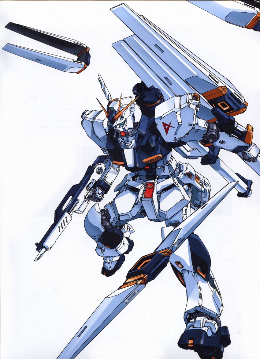 beam_rifle char's_counterattack energy_gun fin_funnels funnels_(gundam) gundam highres imageboard_desourced izubuchi_yutaka mecha no_humans non-web_source nu_gundam official_art retro_artstyle robot weapon