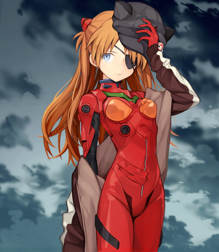 animal_ears animal_hat arm_behind_back badge black_hat black_jacket blue_eyes bodysuit breasts button_badge cabbie_hat cat_ears closed_mouth cloud cloudy_sky commentary cowboy_shot evangelion:_3.0_you_can_(not)_redo expressionless eyepatch fake_animal_ears female from_side gloves grey_sky hand_up hat hat_ornament headgear highres holding holding_clothes holding_hat interface_headset jacket kari_kenji legs_together long_hair looking_at_viewer neon_genesis_evangelion off_shoulder open_clothes open_jacket orange_hair outdoors parted_bangs photoshop_(medium) pilot_suit plugsuit rebuild_of_evangelion red_bodysuit science_fiction skinny skull sky small_breasts solo souryuu_asuka_langley standing straight_hair tape track_jacket turtleneck unworn_hat unworn_headwear