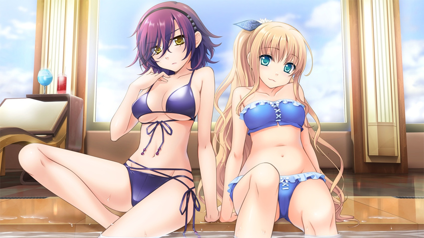 2girls astraythem bare_shoulders bikini blonde_hair breasts cup drink game_cg ginta green_eyes hair_ribbon hairband highres large_breasts legs long_hair looking_at_viewer medium_breasts multiple_girls nagi_kuurin navel pool purple_hair ribbon sakurazuka_natsuki serious short_hair sitting smile swimsuit thighs water yellow_eyes