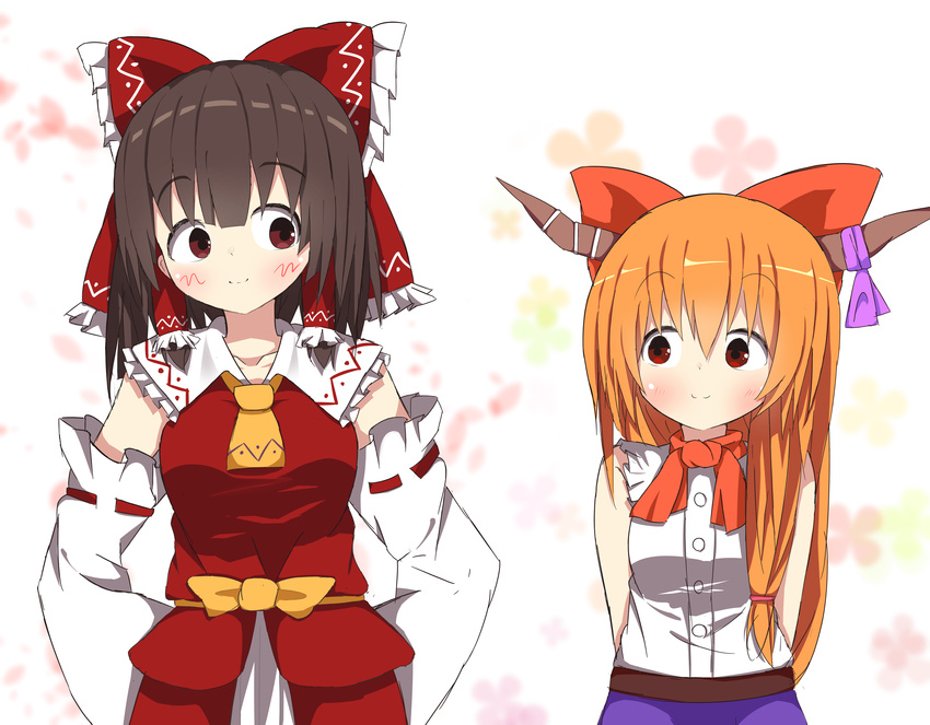 2girls absurdres akabeco blush bow brown_eyes brown_hair closed_mouth commentary_request cookie_(touhou) detached_sleeves hakurei_reimu highres horns ibuki_suika kanna_(cookie) long_hair looking_at_another multiple_girls orange_hair red_bow short_hair smile touhou yamin_(cookie)