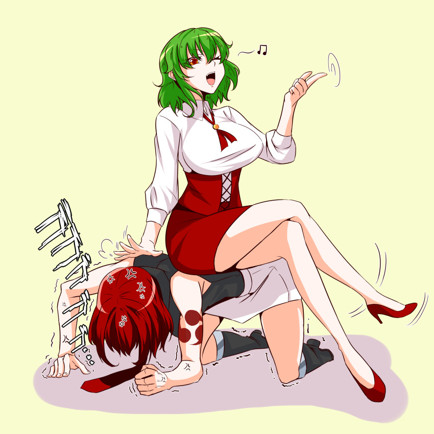 2girls ;d absurdres all_fours anger_vein bare_arms bare_legs bare_shoulders beamed_eighth_notes black_footwear black_shirt boots breasts commentary_request corset crossed_legs finger_twirl full_body green_hair hair_between_eyes high_heels highres horikawa_raiko human_chair human_furniture itocoh kazami_yuuka large_breasts long_sleeves looking_at_viewer miniskirt multiple_girls musical_note neck_ribbon necktie one_eye_closed open_mouth pencil_skirt red_eyes red_footwear red_hair red_necktie red_ribbon red_skirt ribbon shadow shirt short_hair shoulder_tattoo simple_background sitting sitting_on_person skirt sleeveless sleeveless_shirt smile tattoo thighs touhou white_shirt white_skirt yellow_background