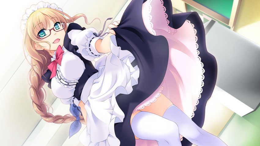 astraythem blonde_hair bow bowtie braid breasts female game_cg ginta glasses green_eyes hair_ribbon happy highres large_breasts legs long_hair looking_at_viewer maid maid_headdress open_mouth ribbon sakurazuka_natsuki smile solo standing thighs white_legwear