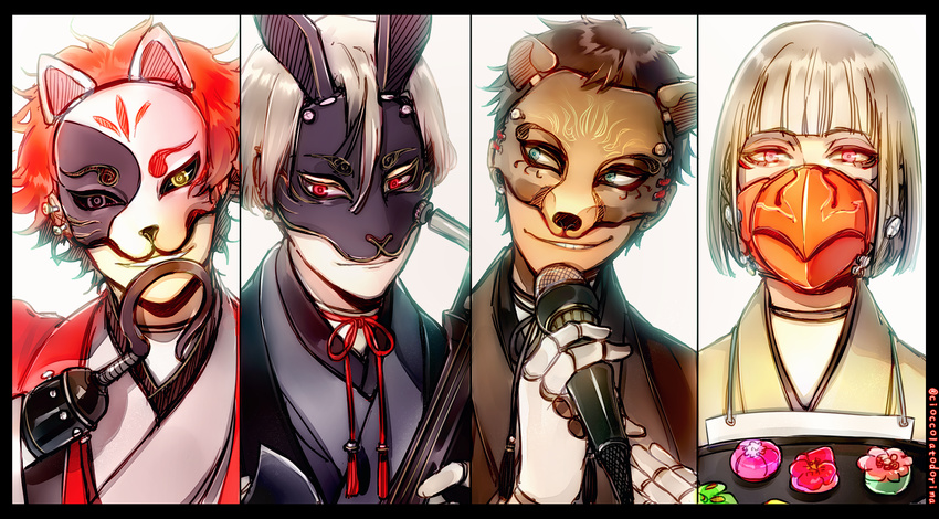 4boys bear_mask bird_mask black_border blue_hair bonnie_(fnaf) border brown_hair chica cioccolatodorima column_lineup commentary english_commentary five_nights_at_freddy's food fox_mask foxy_(fnaf) freddy_fazbear grey_eyes heterochromia highres hook_hand instrument japanese_clothes mask microphone multiple_boys personification pink_eyes rabbit_mask red_eyes red_hair shamisen short_hair simple_background smile tray upper_body wagashi white_background yellow_eyes