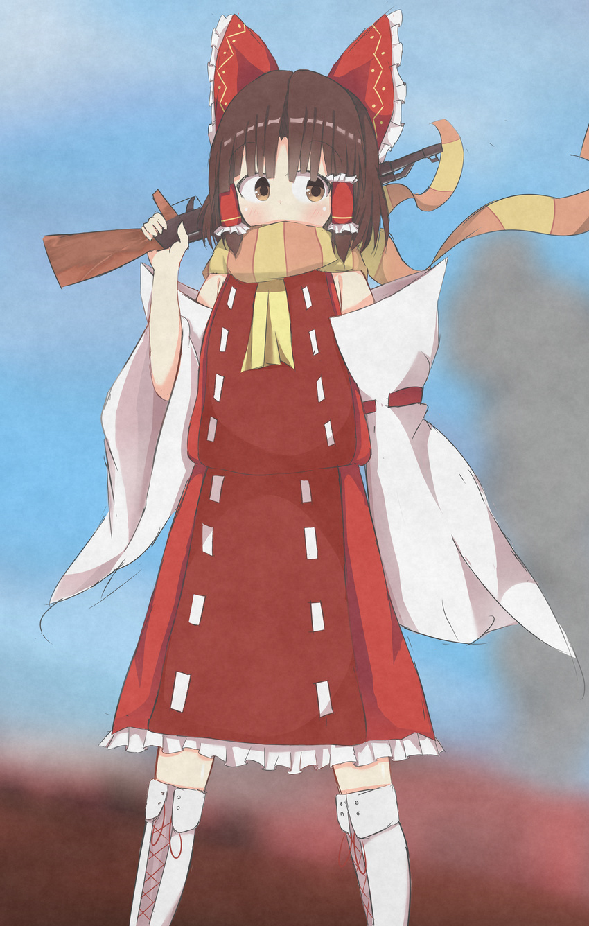 absurdres akabeco arabic_commentary benikurage_(cookie) bow brown_eyes brown_hair brown_scarf commentary_request cookie_(touhou) detached_sleeves female gun hair_tubes hairbow hakurei_reimu highres holding holding_gun holding_weapon looking_at_viewer multicolored_clothes multicolored_scarf red_bow scarf short_hair solo touhou weapon