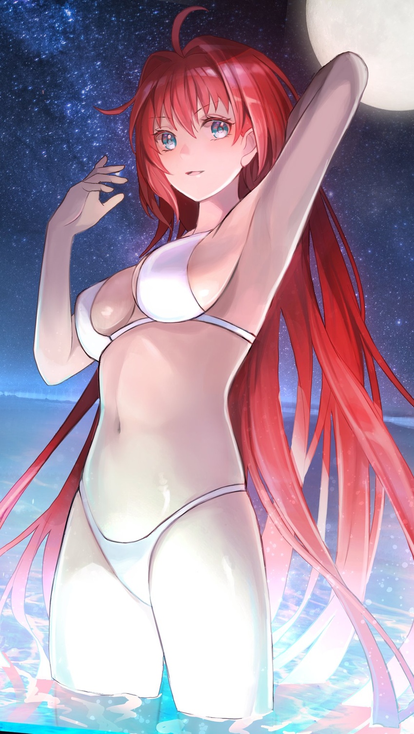 ahoge aozaki_aoko arm_up armpits arms_up blue_eyes breasts cleavage commentary_request commission cowboy_shot female full_moon hair_intakes hand_up highres large_breasts long_hair looking_at_viewer moguta_(moguta9) moon navel night night_sky parted_lips red_eyes red_hair sideboob skeb_commission sky solo star_(sky) starry_sky tsukihime very_long_hair wading water