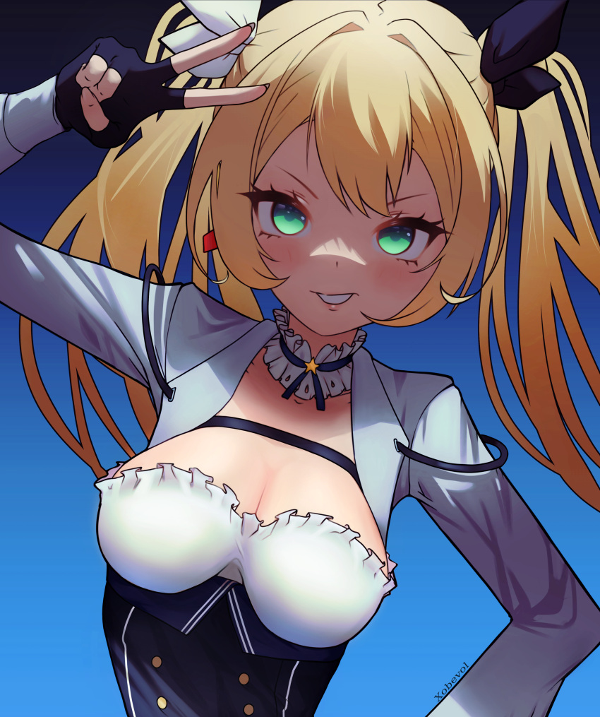 absurdres aqua_eyes artist_name black_gloves black_ribbon black_skirt blonde_hair blue_background breasts chest_strap cleavage commentary dokibird_(vtuber) female fingerless_gloves frills gloves gradient_background hair_ribbon high-waist_skirt highres indie_virtual_youtuber neck_ribbon parted_lips ribbon shadow skirt solo twintails upper_body v virtual_youtuber white_ribbon white_sleeves xobevol