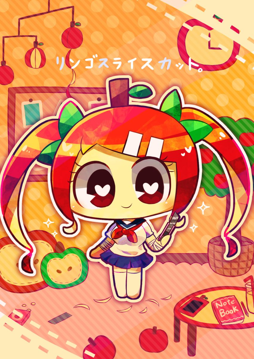 apple bandaged_arm bandages blonde_hair blue_sailor_collar blue_skirt boxcutter breasts bright_pupils chibi chibi_only clock closed_mouth colored_inner_hair colored_skin drink drinking_straw female food fruit hair_ornament heart heart-shaped_pupils highres holding holding_boxcutter leaf_hair_ornament long_hair looking_at_viewer multicolored_hair neckerchief no_shoes notebook original pen pepoyo phone red_eyes red_hair red_neckerchief ririno-chan sailor_collar school_uniform shirt short_sleeves skirt smile solo swept_bangs symbol-shaped_pupils table thighhighs twintails white_pupils white_shirt white_thighhighs yellow_skin