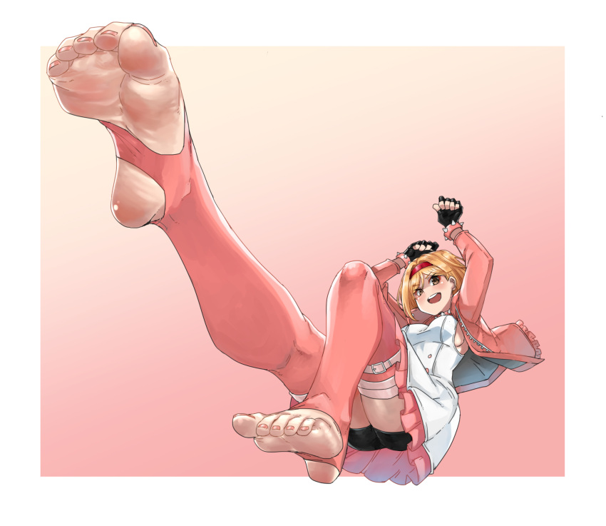 barefoot black_gloves blonde_hair border bracelet breasts collar cosplay djeeta_(granblue_fantasy) eiji_(eiji) elphelt_valentine elphelt_valentine_(cosplay) feet female fingerless_gloves foot_focus foreshortening full_body gloves granblue_fantasy granblue_fantasy_versus granblue_fantasy_versus:_rising guilty_gear guilty_gear_strive hairband highres jacket jewelry kneepits large_breasts open_mouth pink_background pink_jacket pink_thighhighs pleated_skirt red_hairband short_hair shorts sideboob skirt solo spiked_bracelet spiked_collar spikes stirrup_legwear thigh_strap thighhighs thighs toeless_legwear upskirt white_border zipper