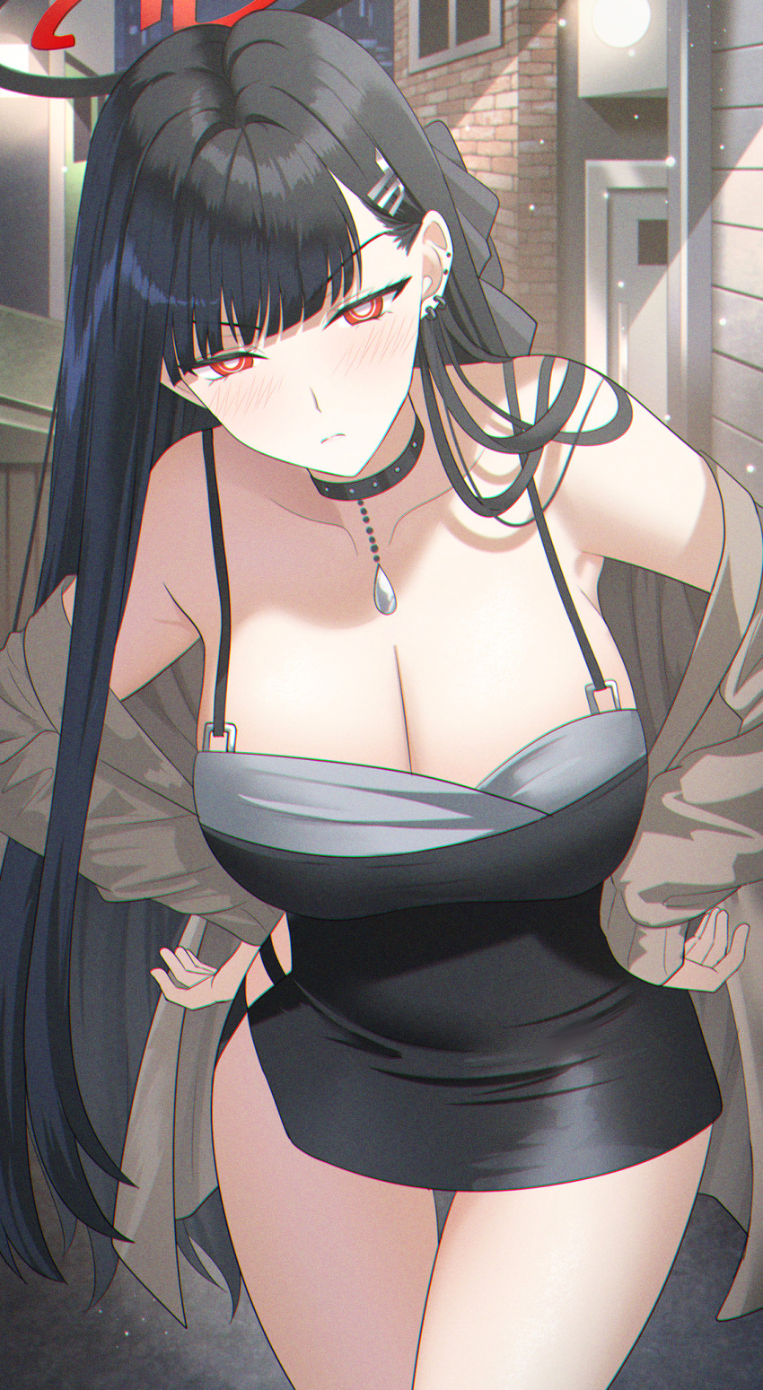 black_dress black_hair blue_archive blush breasts bright_pupils cleavage closed_mouth cosplay cowboy_shot dated_commentary dress ear_piercing earrings female grey_jacket hair_ornament hairpin halo highres jacket jewelry kayoko_(blue_archive) kayoko_(blue_archive)_(cosplay) kayoko_(dress)_(blue_archive) large_breasts long_hair long_sleeves looking_at_viewer open_clothes open_jacket piercing red_eyes rio_(blue_archive) solo sysen very_long_hair white_pupils