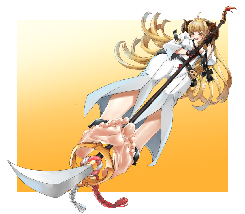 anila_(granblue_fantasy) ankh_necklace barefoot belt black_gloves blonde_hair blush bodysuit border breasts cleavage cosplay draph eiji_(eiji) feet female front_slit gloves granblue_fantasy granblue_fantasy_versus:_rising guilty_gear guilty_gear_strive highres holding holding_polearm holding_weapon horns jack-o'_valentine jack-o'_valentine_(cosplay) large_breasts long_hair naginata open_mouth polearm sheep_girl sheep_horns solo weapon white_bodysuit white_border