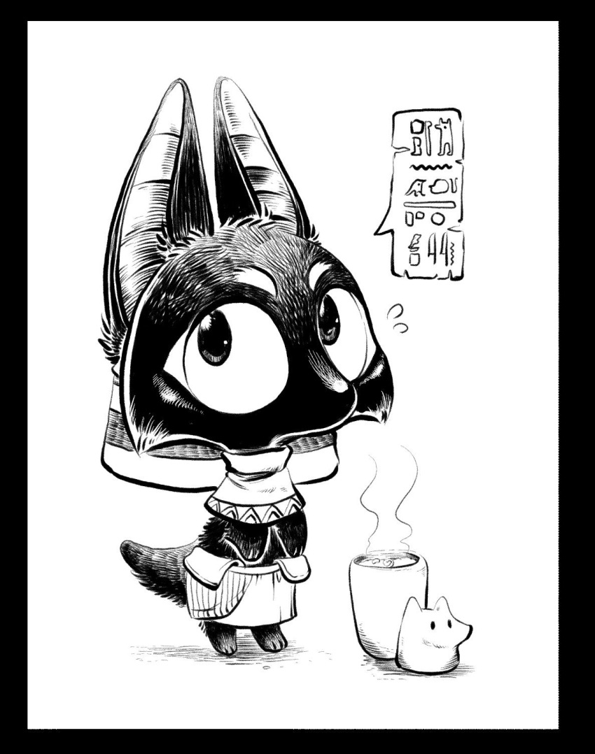 2017 anthro anubian_jackal anubis black_and_white black_border border bottomwear canid canine canis canopic_jar chibi clothed clothing deity egyptian_mythology eye_roll fur headdress hi_res hieroglyphics jackal male mammal middle_eastern_mythology monochrome mythology silverfox5213 skirt solo speech_bubble text translation_request