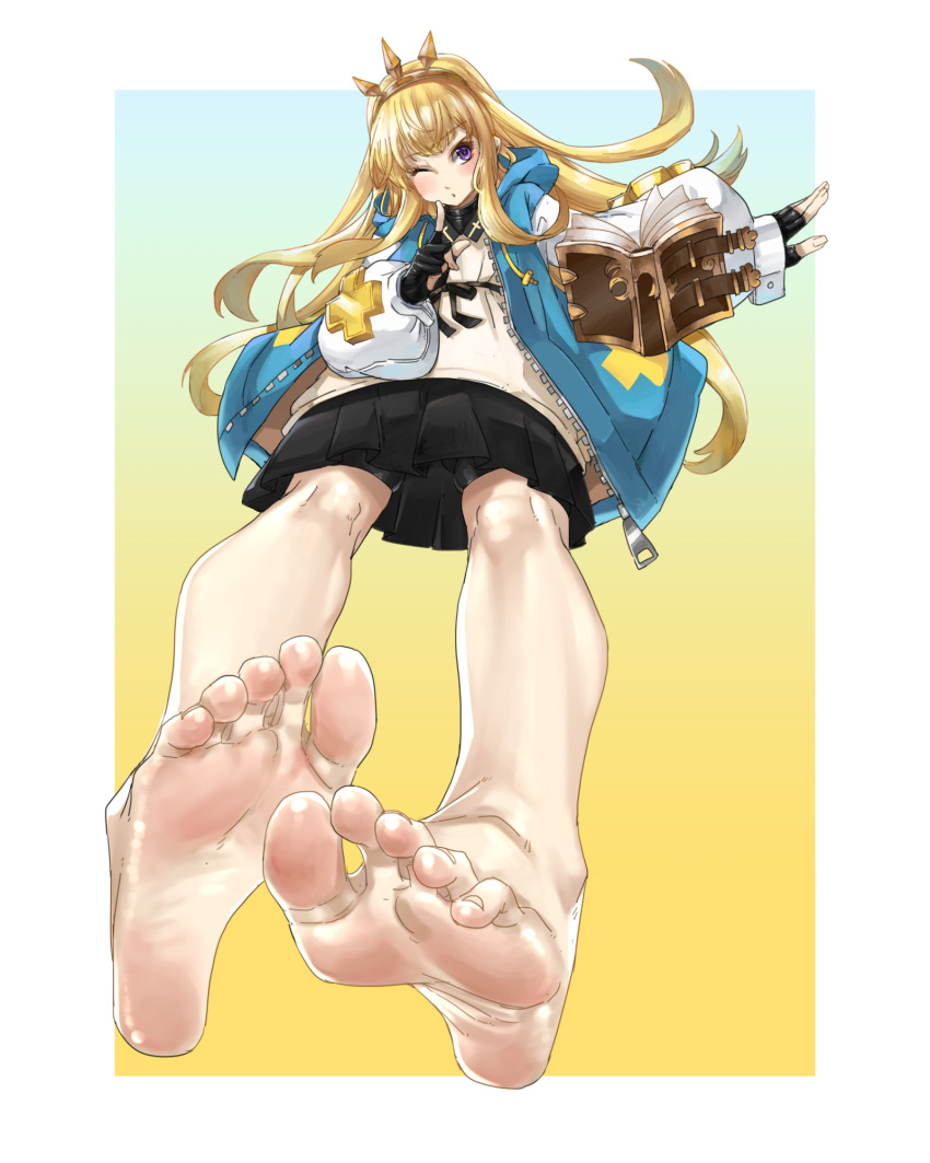 bare_legs barefoot bike_shorts black_gloves blonde_hair blue_jacket blush book border bridget cagliostro_(granblue_fantasy) cross eiji_(eiji) feet female fingerless_gloves foot_focus foreshortening full_body gloves granblue_fantasy granblue_fantasy_versus granblue_fantasy_versus:_rising grimoire guilty_gear guilty_gear_strive highres jacket long_hair one_eye_closed pleated_skirt shorts skirt solo white_border zipper zipper_pull_tab