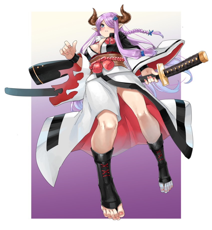 baiken baiken_(cosplay) blue_eyes blush border breasts cleavage cleavage_cutout clothing_cutout cosplay cow_horns draph eiji_(eiji) feet female full_body granblue_fantasy granblue_fantasy_versus granblue_fantasy_versus:_rising guilty_gear guilty_gear_strive hair_ornament hair_over_one_eye highres holding holding_sword holding_weapon horns japanese_clothes katana kimono large_breasts long_hair looking_at_viewer nail_polish narmaya_(granblue_fantasy) open_clothes open_kimono orange_nails purple_hair rope sash solo sword thighs toenail_polish toenails weapon white_border wide_sleeves