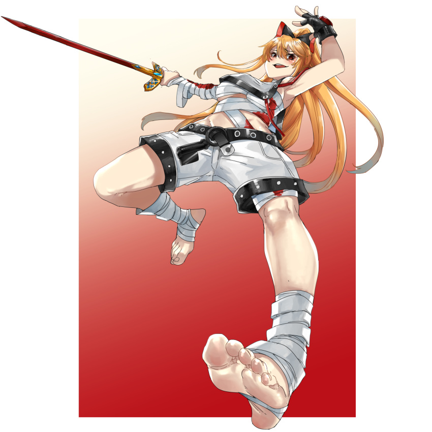 a.b.a a.b.a_(cosplay) armpits bandages belt black_bow black_gloves blonde_hair border bow breasts cosplay eiji_(eiji) female fingerless_gloves foreshortening full_body gloves granblue_fantasy granblue_fantasy_versus:_rising guilty_gear guilty_gear_xx hair_between_eyes hairbow highres holding holding_sword holding_weapon long_hair medium_breasts open_mouth ponytail red_eyes short_shorts shorts solo sword vira_(granblue_fantasy) weapon white_border