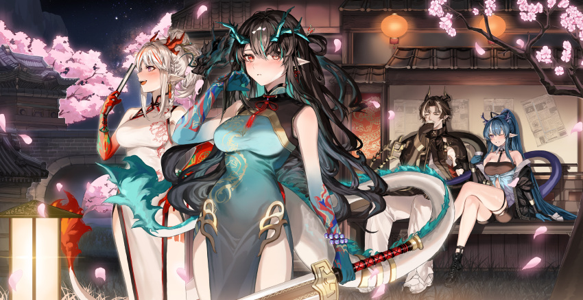 1boy 3girls absurdres arknights bare_shoulders black_hair blue_hair blue_skin bracelet breasts brother_and_sister cherry_blossoms china_dress chinese_clothes chong_yue_(arknights) colored_skin detached_sleeves dragon_boy dragon_girl dragon_horns dragon_tail dress dusk_(arknights) dusk_(everything_is_a_miracle)_(arknights) earrings gradient_skin highres horns jewelry ling_(arknights) ling_(it_does_wash_the_strings)_(arknights) long_hair looking_at_viewer molyb multicolored_hair multiple_girls nian_(arknights) nian_(unfettered_freedom)_(arknights) official_alternate_costume one_eye_closed pointy_ears purple_eyes red_eyes red_hair red_skin siblings sisters sitting sleeveless sleeveless_dress streaked_hair tail very_long_hair white_dress white_hair wide_sleeves