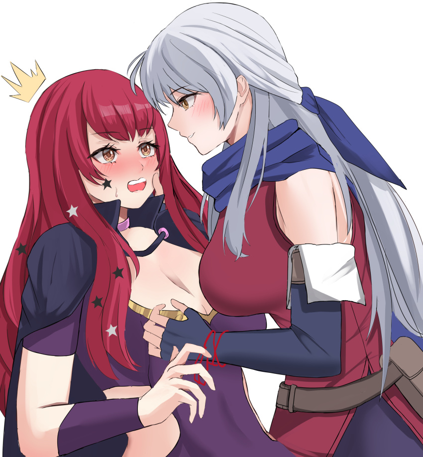 2girls alternate_breast_size bare_shoulders black_cape black_gloves blue_scarf blush bodysuit breasts brown_eyes cape choker cleavage clothing_cutout commentary_request dress elbow_gloves facial_mark fingerless_gloves fire_emblem fire_emblem:_radiant_dawn fire_emblem_engage full-face_blush gloves grey_hair hair_ornament hair_ribbon half_updo hand_on_another's_face highres jewelry large_breasts long_hair looking_at_another micaiah_(fire_emblem) multiple_girls open_mouth partial_commentary peli_cantaro red_eyes red_hair ribbon scarf simple_background sleeveless sleeveless_dress smile star_(symbol) star_facial_mark star_hair_ornament upper_body white_background yellow_eyes yunaka_(fire_emblem) yuri