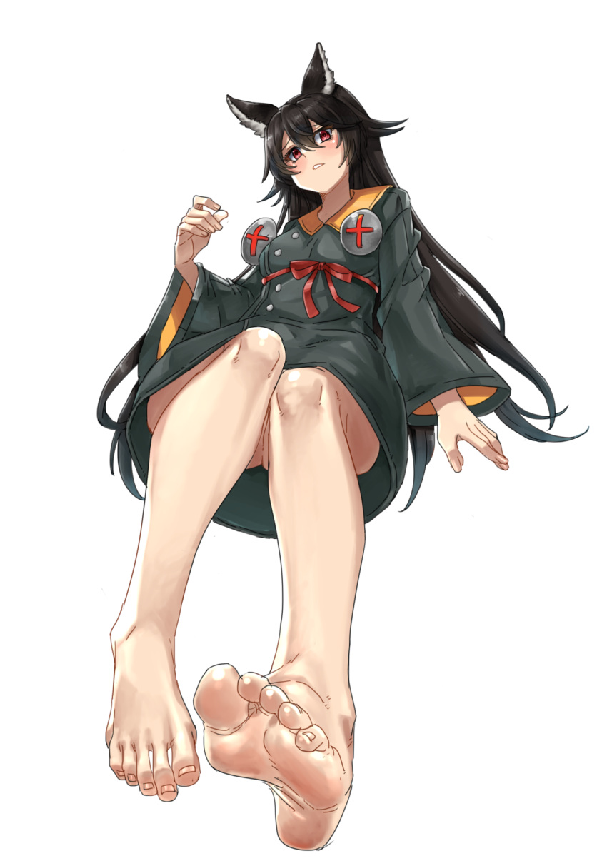 animal_ear_fluff animal_ears bare_legs barefoot black_hair bolt_(hardware) cosplay delilah_(guilty_gear) delilah_(guilty_gear)_(cosplay) dress eiji_(eiji) erune feet female foot_focus foreshortening full_body granblue_fantasy granblue_fantasy_versus:_rising guilty_gear guilty_gear_strive hair_between_eyes highres looking_at_viewer nier_(granblue_fantasy) red_eyes red_ribbon ribbon simple_background solo white_background wide_sleeves wolf_ears