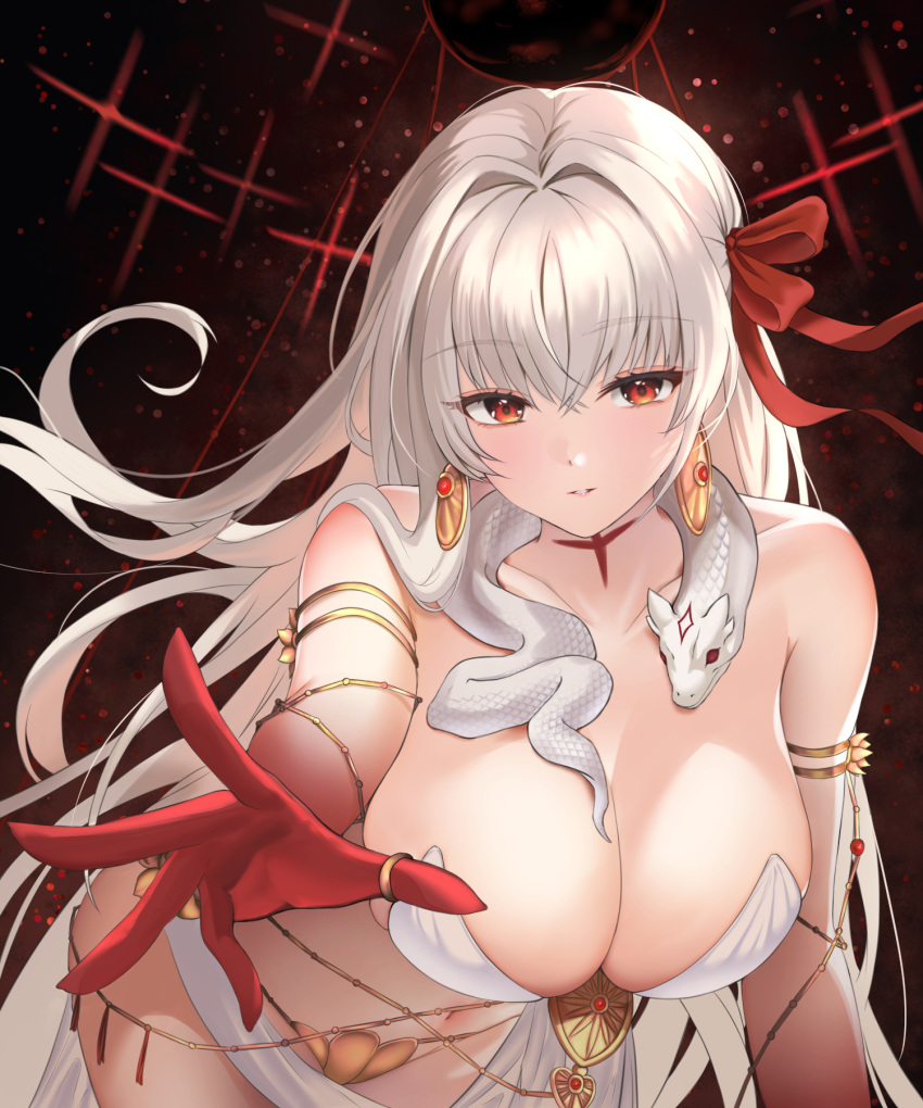 blush breasts cleavage collarbone colored_skin durga durga_(fate) earrings fate/grand_order fate_(series) female hair_ornament hair_ribbon highres jewelry large_breasts long_hair looking_at_viewer navel parted_lips raurashun red_eyes red_ribbon red_skin ribbon ring smile white_hair