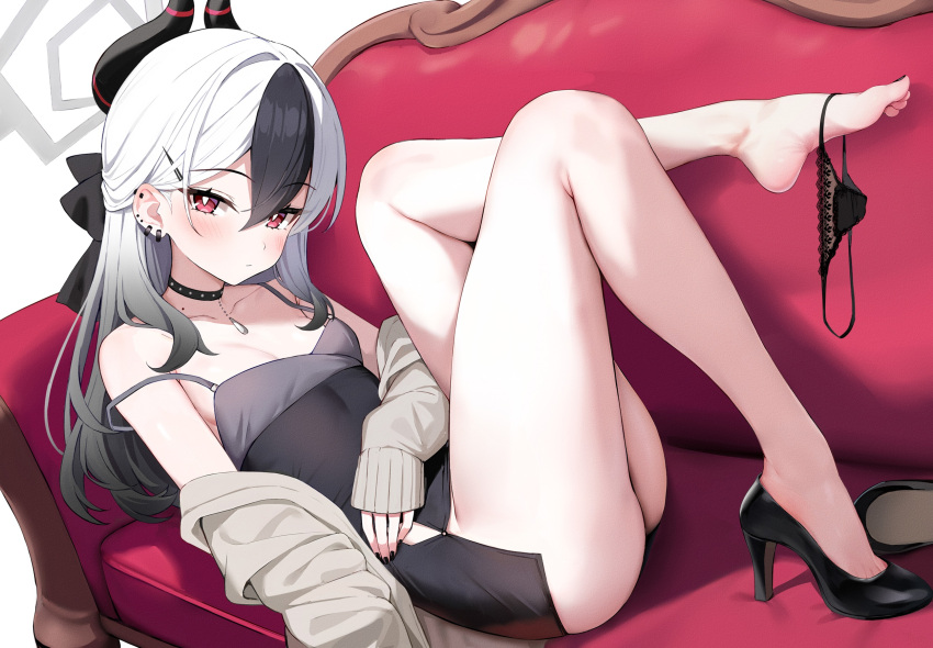 ass bad_id bad_pixiv_id black_choker black_dress black_footwear black_hair black_horns black_panties blue_archive blush breasts choker closed_mouth collarbone demon_horns dombear dress female grey_halo grey_jacket hair_between_eyes halo high_heels highres horns jacket kayoko_(blue_archive) kayoko_(dress)_(blue_archive) long_hair multicolored_hair official_alternate_costume panties panties_around_one_leg red_eyes shoes single_shoe sleeves_past_wrists small_breasts solo string_panties thong toe_cleavage underwear white_hair