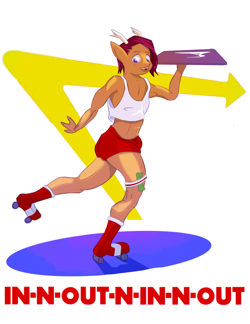 absurd_res anthro bottomwear clothing deer fast_food femboy food hair hi_res horn hotpants male mammal money_in_legwear piecrow purple_hair quad_skates roller_skates shorts solo tusk_(bleats) uniform