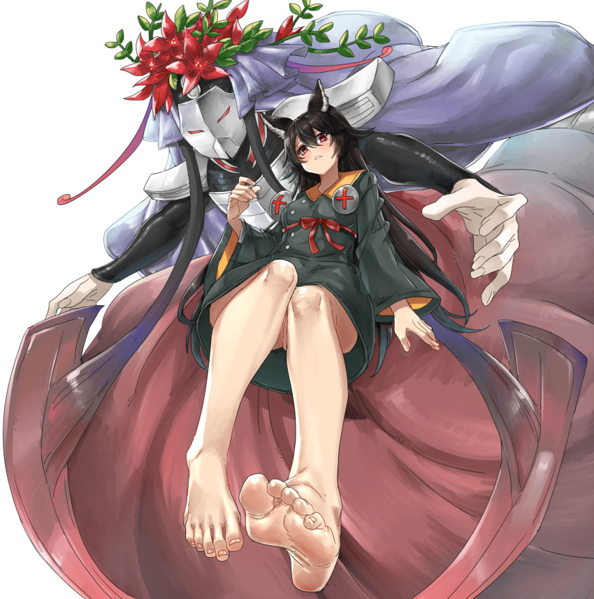 animal_ear_fluff animal_ears bare_legs barefoot black_hair bolt_(hardware) cosplay death_(granblue_fantasy) delilah_(guilty_gear) delilah_(guilty_gear)_(cosplay) dress eiji_(eiji) erune feet female flower foot_focus foreshortening full_body granblue_fantasy granblue_fantasy_versus:_rising guilty_gear guilty_gear_strive hair_between_eyes highres looking_at_viewer nier_(granblue_fantasy) red_eyes red_ribbon ribbon simple_background solo white_background wide_sleeves wolf_ears