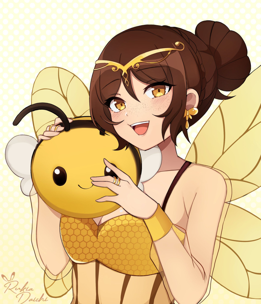 arthropod_girl bee blush breasts brown_eyes brown_hair bug cleavage commission earrings female freckles hair_bun highres insect_wings jewelry lips looking_at_viewer medium_breasts open_mouth original rukiadaichi short_hair smile solo teeth upper_body upper_teeth_only wings