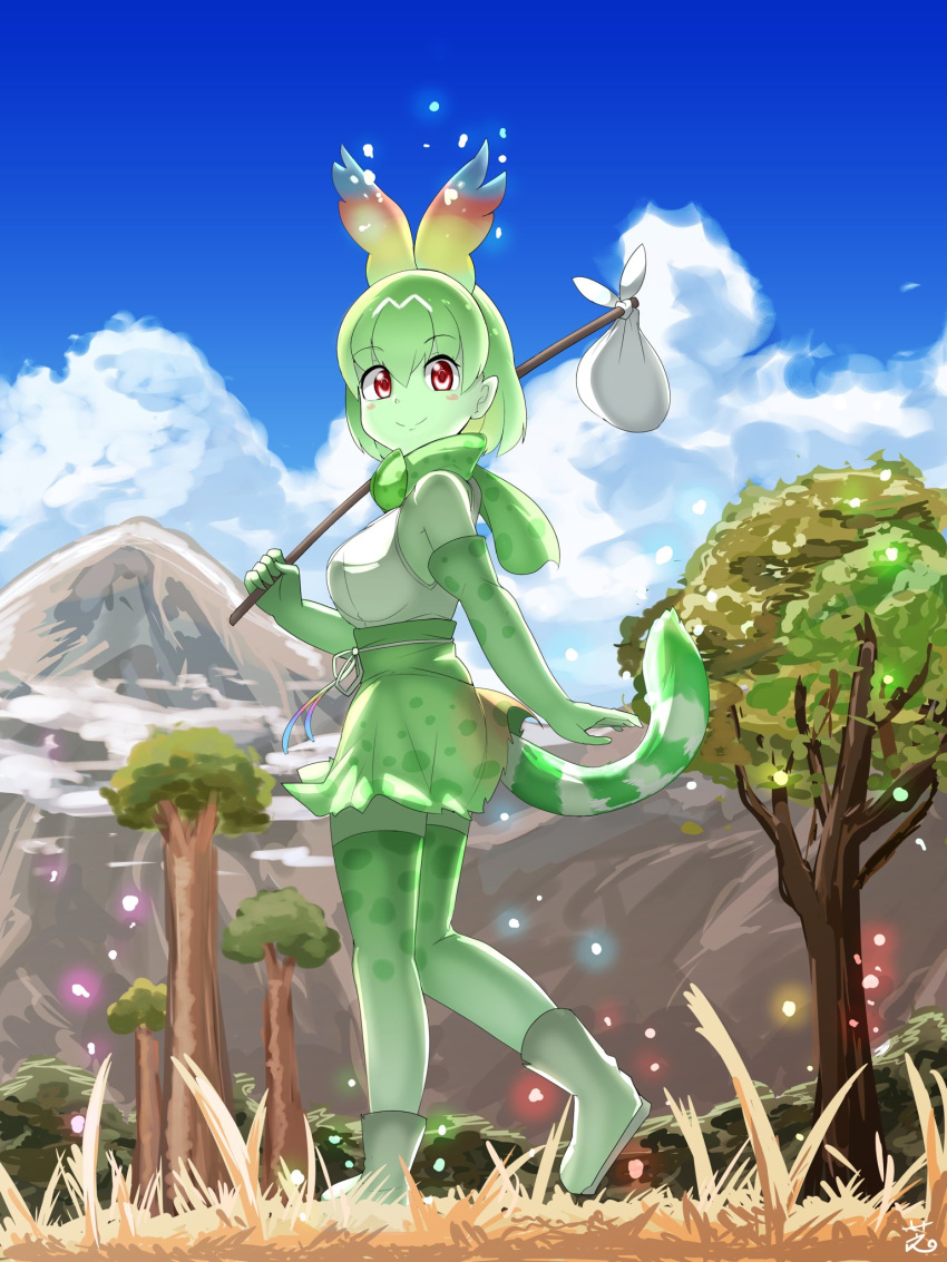 animal_ears bad_id bad_twitter_id bare_shoulders bow bowtie cellval colored_skin commentary elbow_gloves extra_ears female full_body gloves green_bow green_bowtie green_footwear green_gloves green_hair green_skin green_skirt green_tail green_thighhighs high-waist_skirt highres kemono_friends multicolored_hair outdoors print_bow print_bowtie print_gloves print_skirt print_thighhighs rainbow_hair red_eyes serval_print shi_(kamokamo910) shirt short_hair skirt sleeveless solo sparkle tail thighhighs walking white_shirt