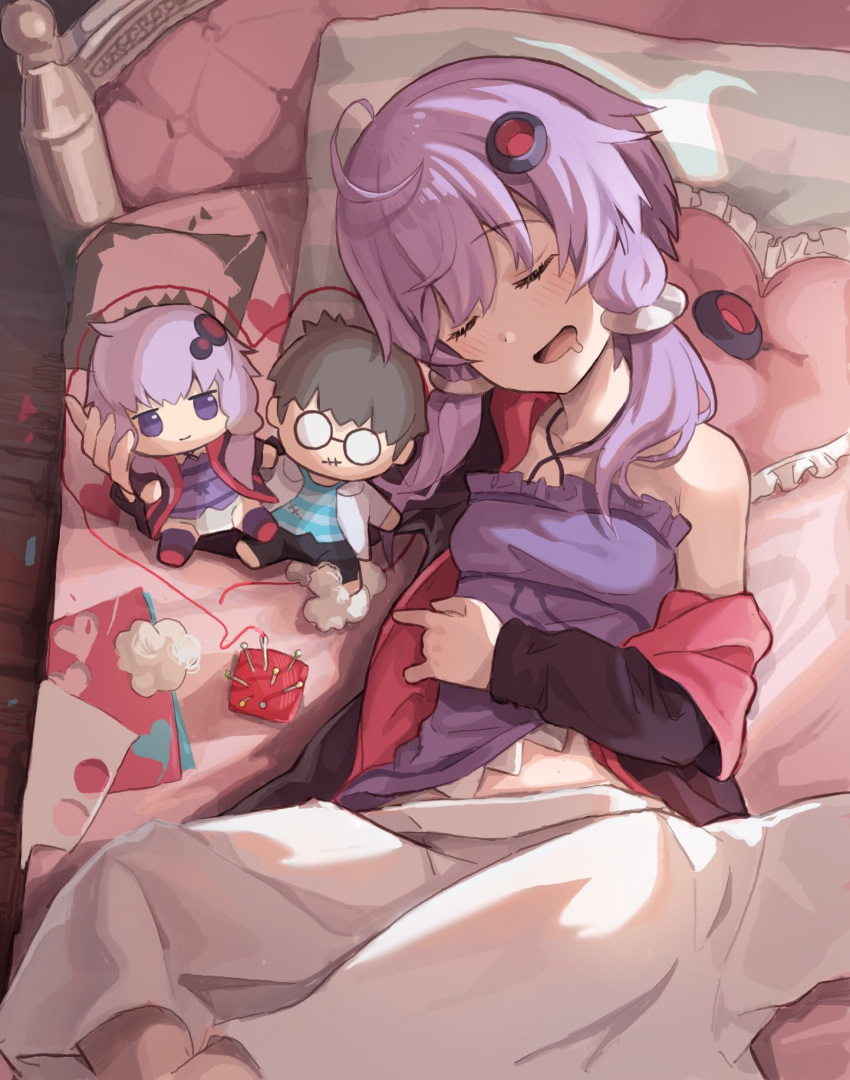 blanket character_doll closed_eyes commentary drooling fabric female head_on_pillow highres lying mouth_drool needle on_back open_mouth pillow pincushion purple_hair sewing_needle sewing_pin sleeping solo stuffed_toy stuffing sunlight thread under_covers vocaloid voiceroid yasuhara_roku yuzuki_yukari