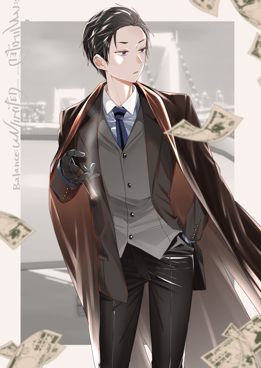 1boy absurdres adachi_imaru black_gloves black_hair black_pants black_suit blue_eyes blurry blurry_foreground cigar commentary_request copyright_name formal fugou_keiji_balance:unlimited gloves grey_vest hand_in_pocket highres kanbe_daisuke male_focus money necktie pants short_hair smoking solo standing suit vest