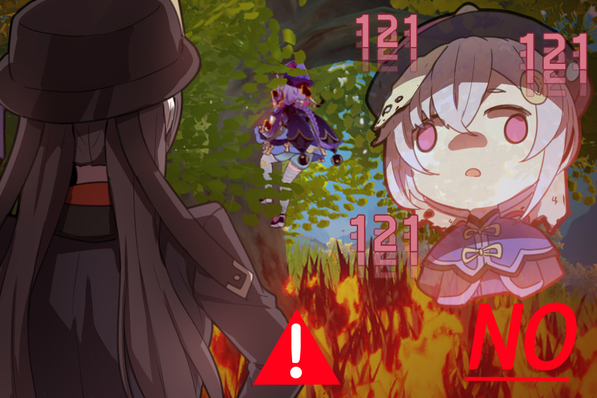 ! 2girls climbing commentary_request empty_eyes face_of_the_people_who_sank_all_their_money_into_the_fx_(meme) fire genshin_impact grass hat hayarob highres hu_tao_(genshin_impact) jiangshi korean_commentary long_sleeves meme multiple_girls open_mouth qiqi_(genshin_impact) tree