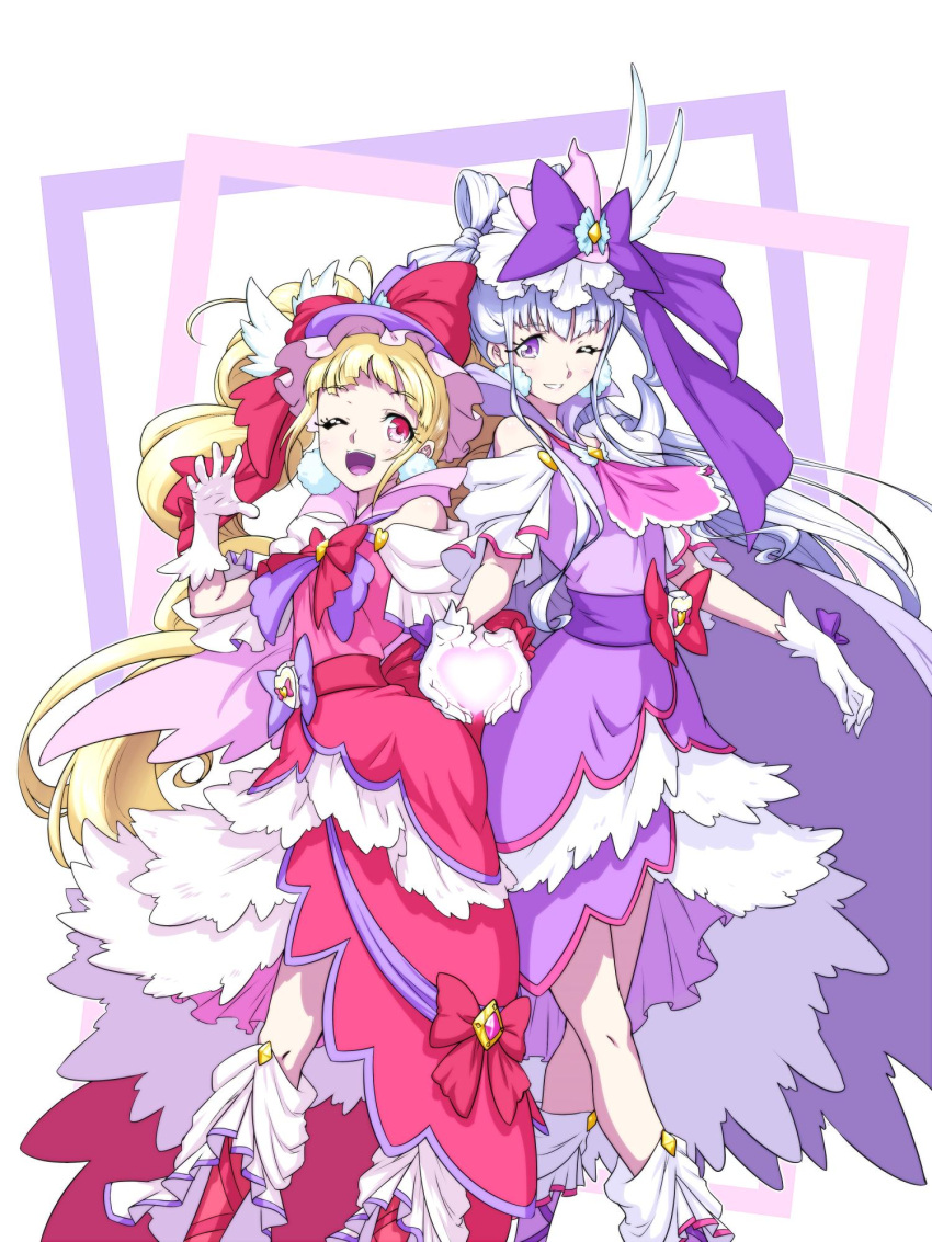 2girls ;d adapted_costume aisaki_emiru alternate_costume bare_shoulders blonde_hair boots commentary_request cure_amour cure_macherie dress earrings eyelashes gloves grey_hair hair_ornament happy hat heart highres hugtto!_precure jewelry long_hair looking_at_viewer magical_girl mahou_girls_precure! matatabi_(karukan222) multiple_girls one_eye_closed open_mouth pink_dress pink_eyes precure purple_dress purple_eyes ruru_amour smile standing twintails unofficial_precure_costume white_gloves witch witch_hat