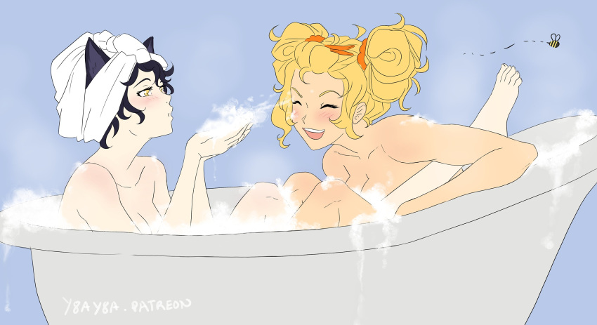 2girls alternate_hairstyle animal_ear_fluff animal_ears artist_name barefoot bath bathing bathtub belt_buckle black_hair blake_belladonna blonde_hair blowing_bubbles blush breasts buckle bumblebee_(insect) cat_ears cleavage closed_eyes commentary completely_nude english_commentary from_side highres long_hair medium_breasts multiple_girls nude open_mouth orange_scrunchie partially_submerged purple_background rwby same-sex_bathing scrunchie shared_bathing short_hair short_twintails slipper_bathtub smile towel towel_on_head twintails water yang_xiao_long yaya_(y8ay8a) yellow_eyes yuri