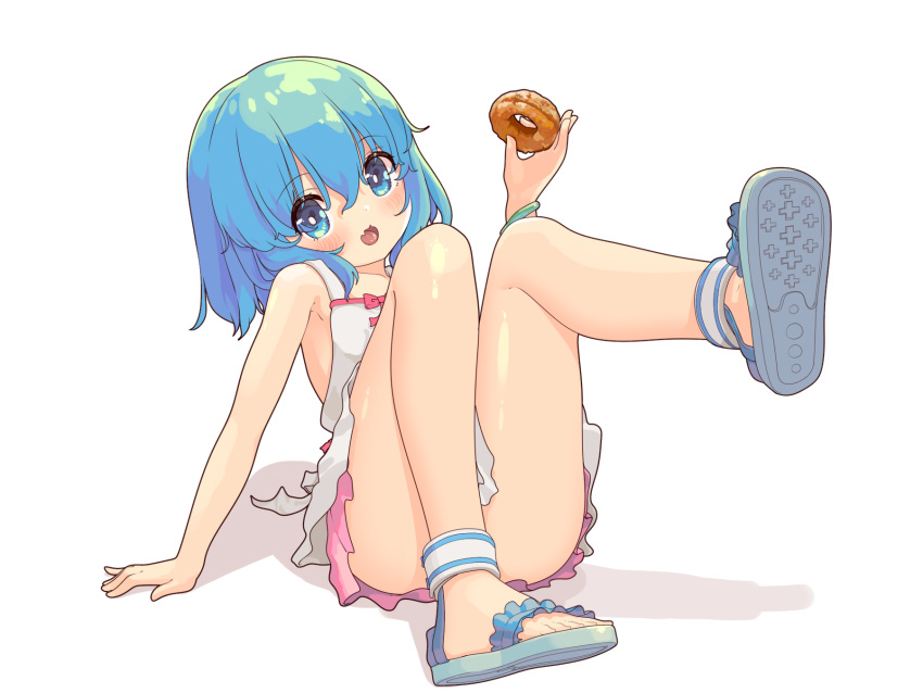 aoi_tori armpits bare_shoulders blue_eyes blue_hair blush collarbone cosplay doughnut dress female food highres holding holding_food medium_hair oerba_yun_fang open_mouth original oshino_shinobu oshino_shinobu_(cosplay) simple_background sitting skin_fang skirt solo teru-chan_(aoi_tori)