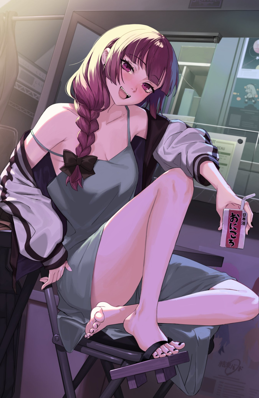 :d alcohol alcohol_carton bare_legs bare_shoulders barefoot black_bow black_jacket black_nails blunt_bangs blush bocchi_the_rock! bow braid breasts cleavage collarbone dress dutch_angle earrings feet feet_on_chair female fingernails geta green_dress hair_over_shoulder hairbow head_tilt highres hiroi_kikuri holding_carton indoors jacket jewelry knee_up legs long_hair looking_at_viewer low-braided_long_hair low-tied_long_hair medium_bangs medium_breasts multicolored_clothes multicolored_jacket nail_polish off_shoulder on_chair open_clothes open_jacket open_mouth purple_eyes purple_hair radiostarkiller sandals sharp_teeth shoe_dangle shoes signature single_braid single_earring single_sandal single_shoe sitting sleeveless sleeveless_dress smile solo strap_slip stud_earrings teeth toenail_polish toenails toes two-tone_jacket upper_teeth_only white_jacket