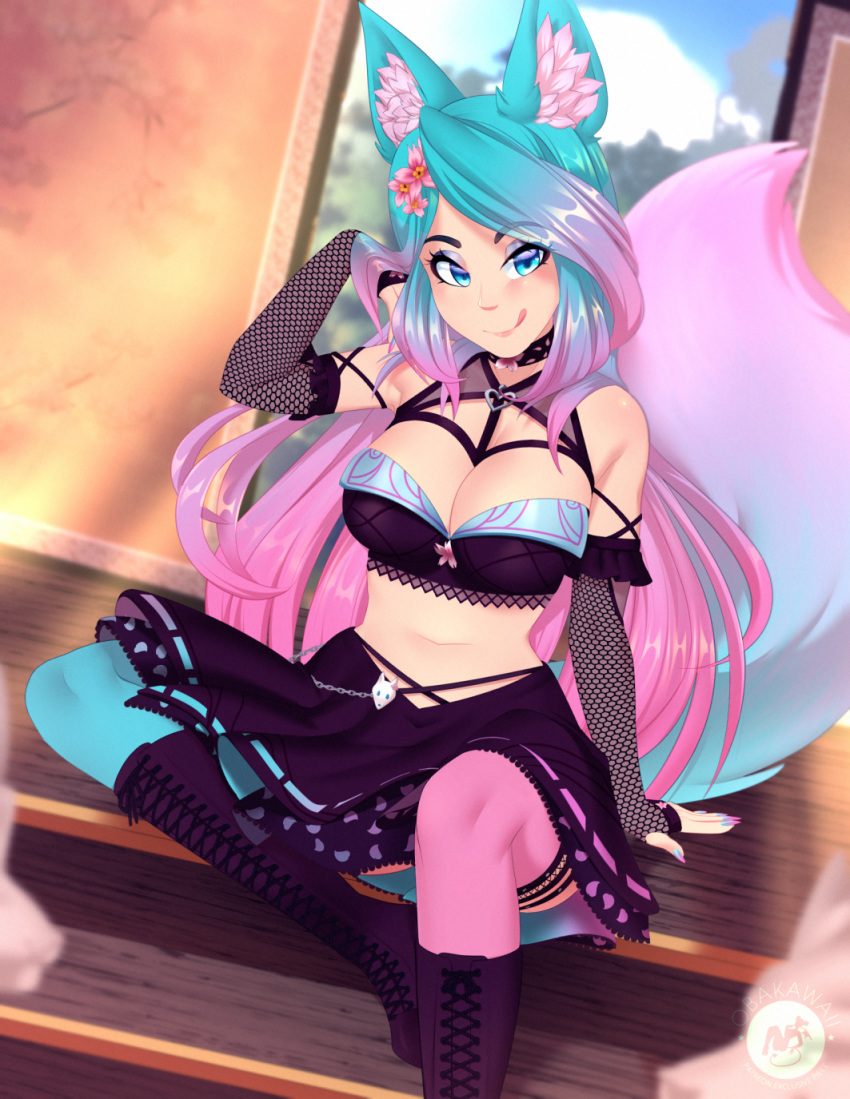 animal_ears artist_name asymmetrical_legwear blue_thighhighs boots breasts choker cleavage closed_mouth eyelashes female flower flower_choker fox_ears fox_girl fox_tail gradient_hair gradient_nails hair_flower hair_ornament highres indoors large_breasts leather_belt looking_at_viewer mismatched_legwear multicolored_hair navel obakawaii pink_thighhighs silvervale silvervale_(4th_costume) solo tail thighhighs tongue virtual_youtuber vshojo