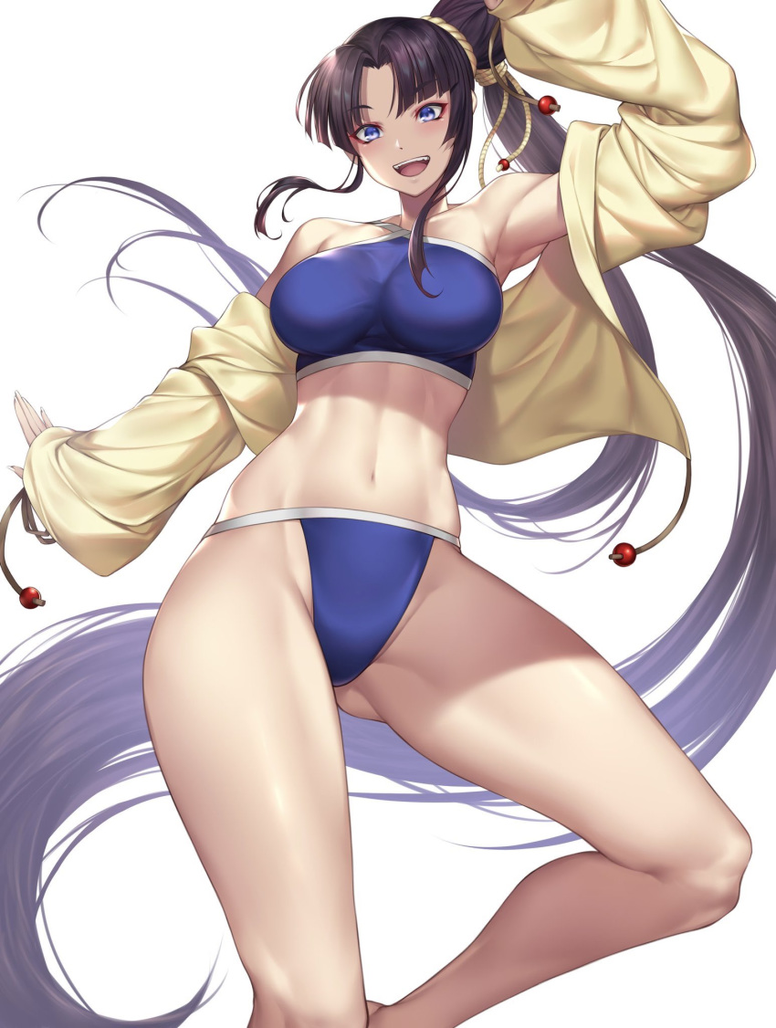 arm_up armpits bare_shoulders bikini black_hair blue_bikini blue_eyes blunt_bangs blush breasts collarbone commentary_request fate/grand_order fate_(series) female groin highres impossible_clothes impossible_swimsuit jacket jacket_over_swimsuit large_breasts long_hair looking_at_viewer midriff nasaniliu navel off_shoulder open_clothes open_jacket open_mouth parted_bangs side_ponytail sidelocks simple_background sleeves_past_wrists smile solo swimsuit teeth upper_teeth_only ushiwakamaru_(fate) ushiwakamaru_(swimsuit_assassin)_(fate) ushiwakamaru_(swimsuit_assassin)_(first_ascension)_(fate) very_long_hair white_background yellow_jacket