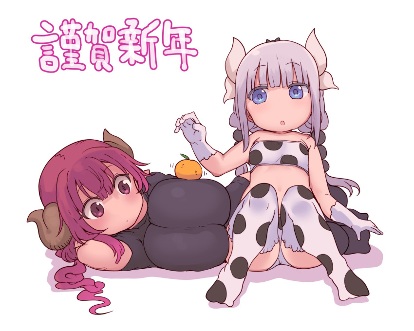 2girls :o animal_costume animal_print bikini blue_eyes blunt_bangs breasts chinese_zodiac cool-kyou_shinja cow_print dragon_girl dragon_horns flat_chest food food_on_body food_on_breasts fruit gloves gradient_hair highres horns huge_breasts ilulu_(maidragon) kanna_kamui kobayashi-san_chi_no_maidragon light_purple_hair long_hair low_twintails lying mandarin_orange multicolored_hair multiple_girls new_year official_art on_side oppai_mochi print_bikini print_thighhighs red_eyes red_hair simple_background sitting slit_pupils stomach swimsuit tail thighhighs twintails white_background white_gloves year_of_the_ox