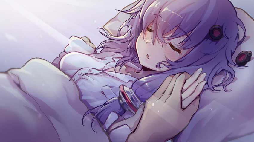 1other blanket closed_eyes commentary dappled_sunlight female hair_between_eyes hair_ornament head_on_pillow highres holding_hands lying on_back on_bed open_mouth pillow pov pov_across_bed pov_hands purple_hair shirt short_hair_with_long_locks sleeping sunlight under_covers vocaloid voiceroid white_shirt yasuhara_roku yuzuki_yukari