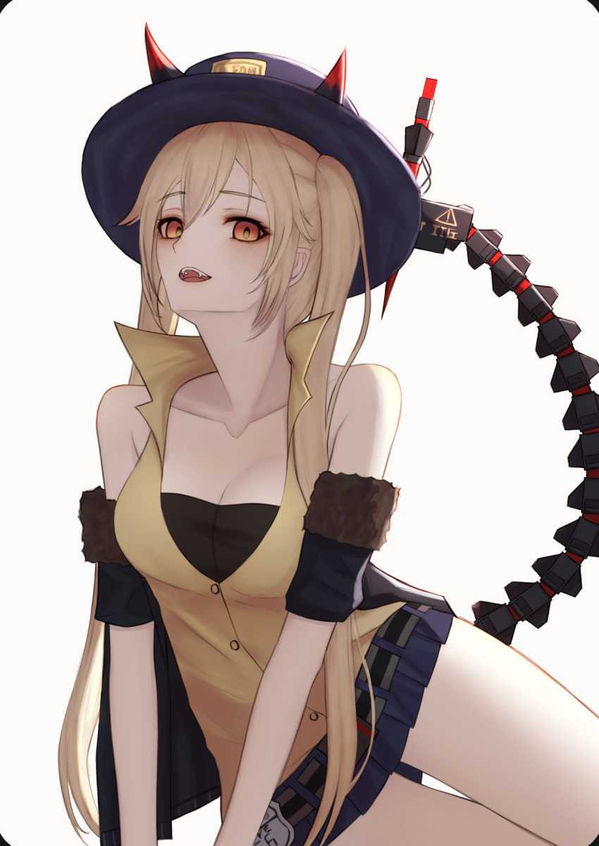 bare_shoulders blonde_hair blue_skirt blush breasts cleavage collarbone fangs feet_out_of_frame female girls'_frontline highres long_hair looking_at_viewer m870_(girls'_frontline) mechanical_tail medium_breasts miniskirt open_mouth orange_eyes shirt sitting skirt solo tail teeth thomas_8000 twintails upper_teeth_only white_background yellow_shirt