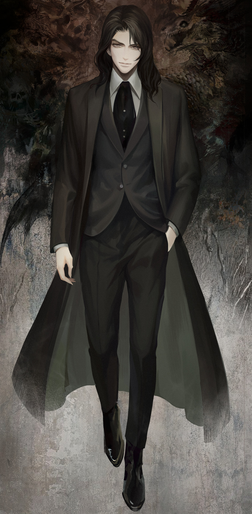 1boy absurdres alucard_(castlevania) arikado_genya bishounen black_cloak black_hair black_pants castlevania:_dawn_of_sorrow castlevania_(series) chinese_commentary cloak closed_mouth collared_shirt commentary formal full_body hand_in_pocket highres long_hair looking_at_viewer male_focus pant_suit pants qgailz shirt solo standing suit vest wing_collar