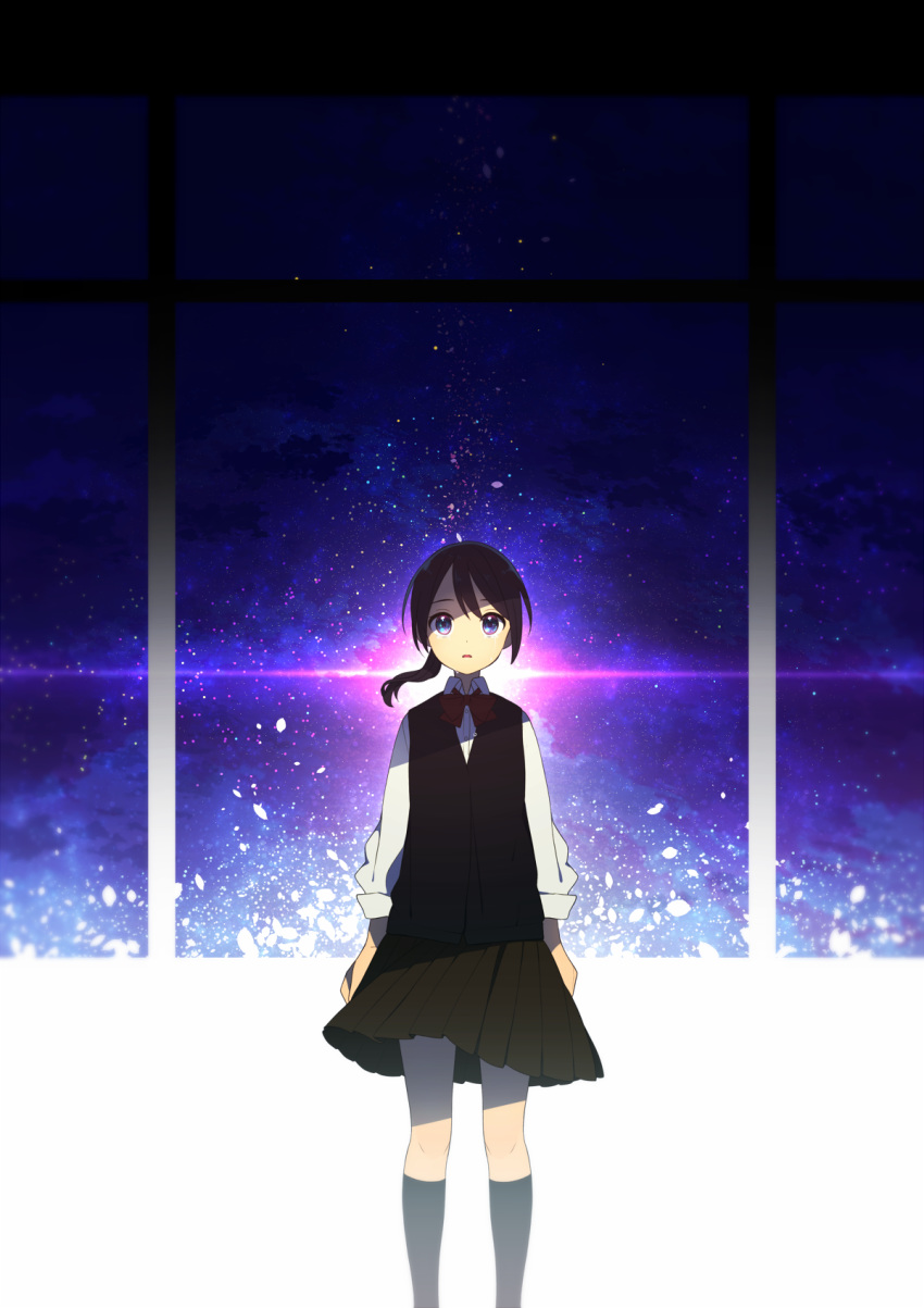 arms_at_sides black_hair black_skirt black_socks black_sweater_vest blue_eyes bow bowtie collared_shirt crying crying_with_eyes_open female highres kneehighs long_sleeves looking_up mamyouda night night_sky original parted_lips pleated_skirt ponytail puffy_long_sleeves puffy_sleeves red_bow red_bowtie school_uniform shirt skirt sky sleeve_cuffs socks solo space star_(sky) starry_sky sweater_vest tears white_shirt