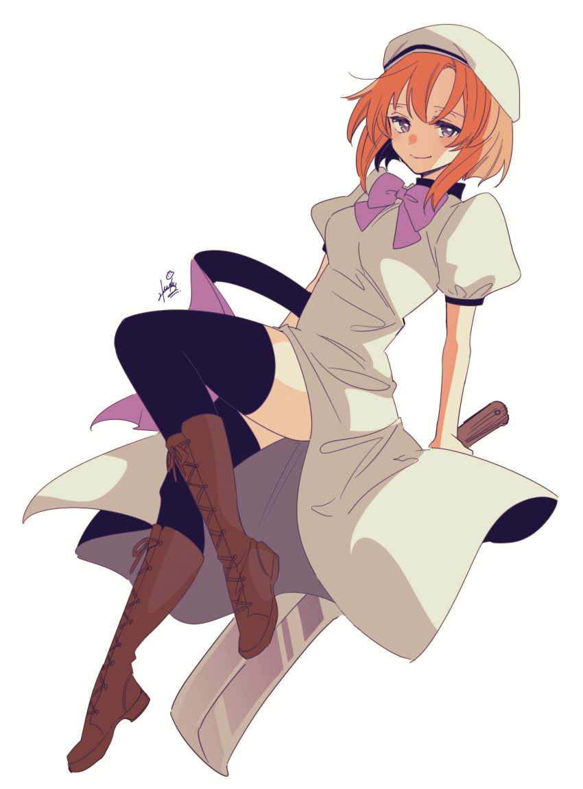 absurdres adachi_imaru beret black_thighhighs blue_eyes boots bow bowtie brown_footwear cross-laced_footwear female full_body half-closed_eyes hat highres higurashi_no_naku_koro_ni holding holding_weapon invisible_chair nata_(tool) orange_hair puffy_short_sleeves puffy_sleeves purple_bow purple_bowtie purple_eyes ryuuguu_rena short_hair short_sleeves simple_background sitting smile solo thighhighs weapon white_background white_hat