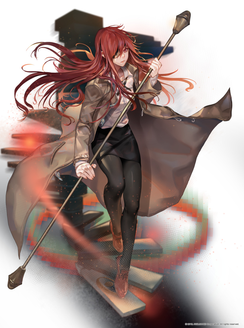 black_legwear black_skirt breasts brown_coat closed_mouth coat eyepatch female highres holding holding_weapon hwa_ryun leenim long_coat long_hair looking_at_viewer lord_of_dice official_art one_eye_covered open_clothes open_coat red_eyes red_hair shirt skirt solo tower_of_god very_long_hair weapon white_background white_shirt